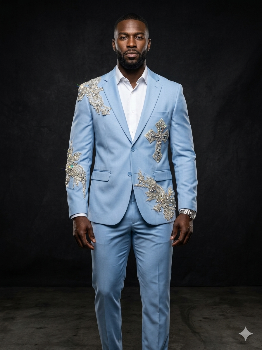 A man stands facing forward in the Unique Design Menswear Custom Prom Suit in blue clear, featuring ornate gold embellishments including a cross design, worn over a white shirt against a dark background.