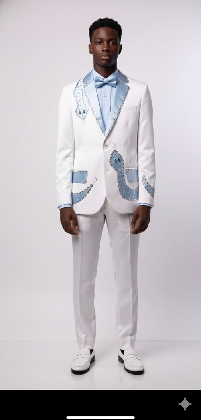 A man faces forward in a Unique Design Menswear Custom Prom Suit: white with sky blue snake pattern, light blue shirt, bow tie, and white shoes, set against a plain background.