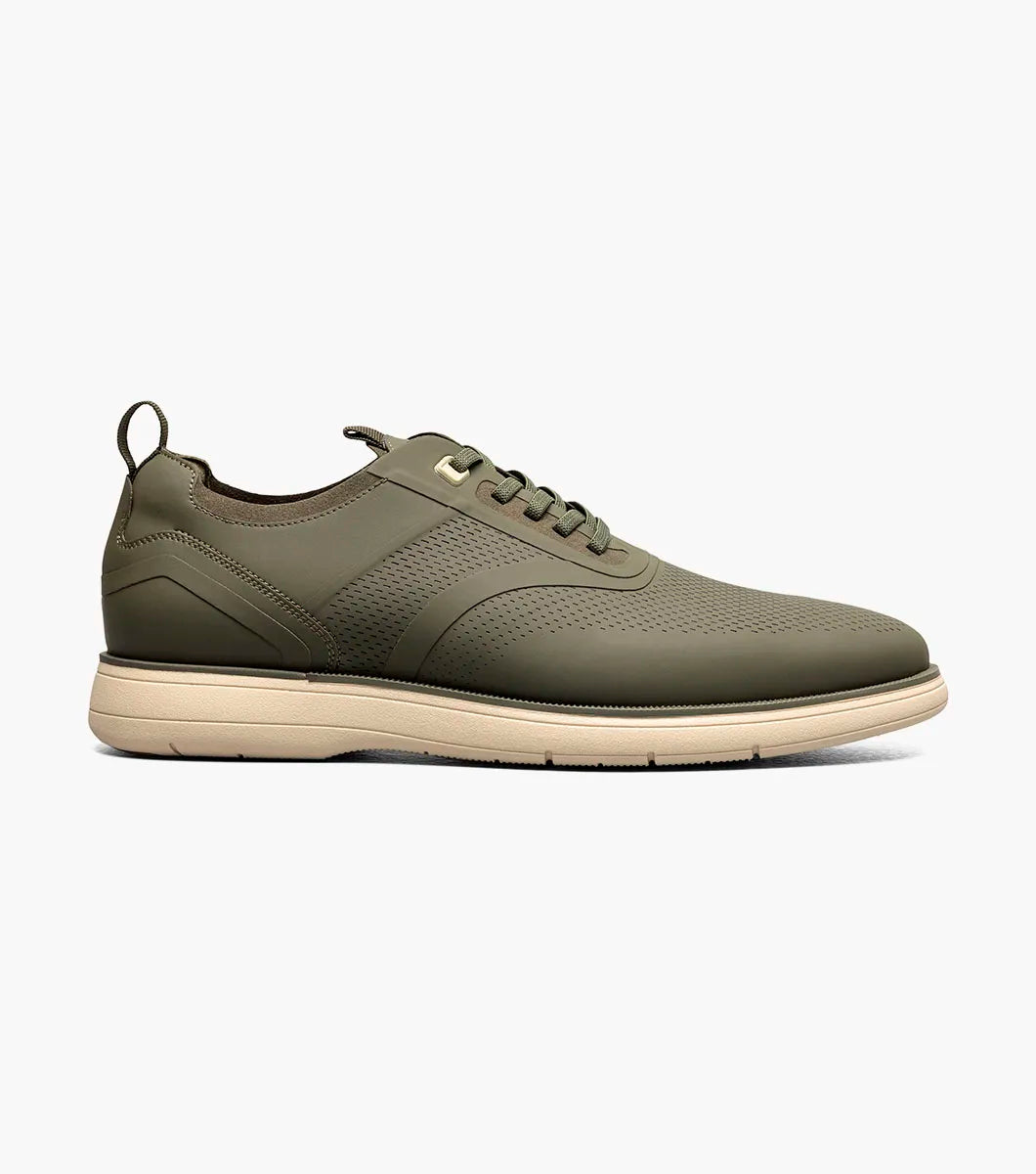 The STACY ADAMS Everidge Plain Toe Elastic Lace Up (Olive, 25689-303) features a molded heel cup, anatomical arch support, cushioned heel pod, and FlexZone Footbed branding.