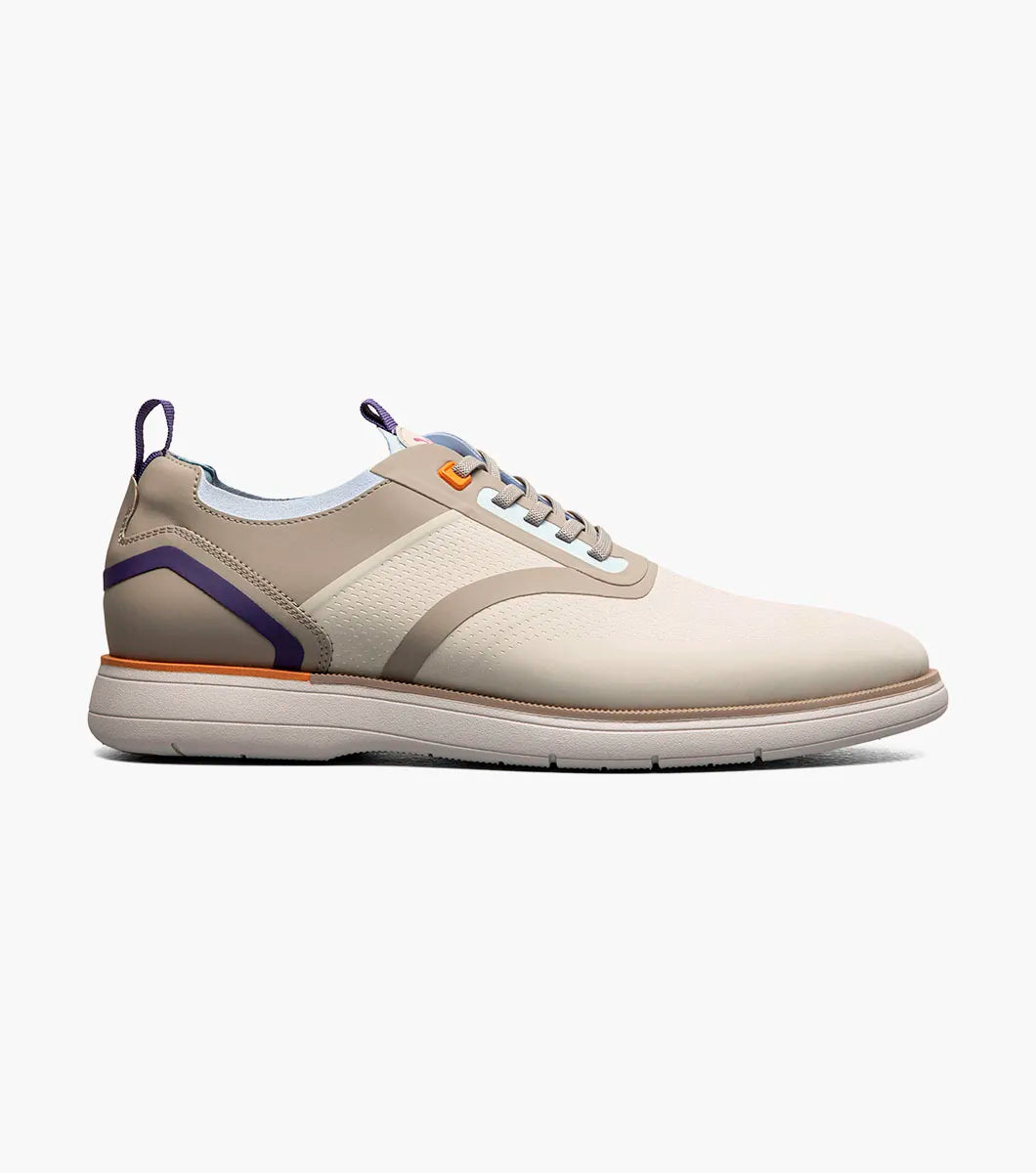 The STACY ADAMS Everidge Plain Toe Elastic Lace Up (Cream Multi, 25689-130) features a shoe insole with labeled parts: molded heel cup, anatomical arch support, cushioned heel pod, and FLEXZONE branding on its FlexZone Footbed.