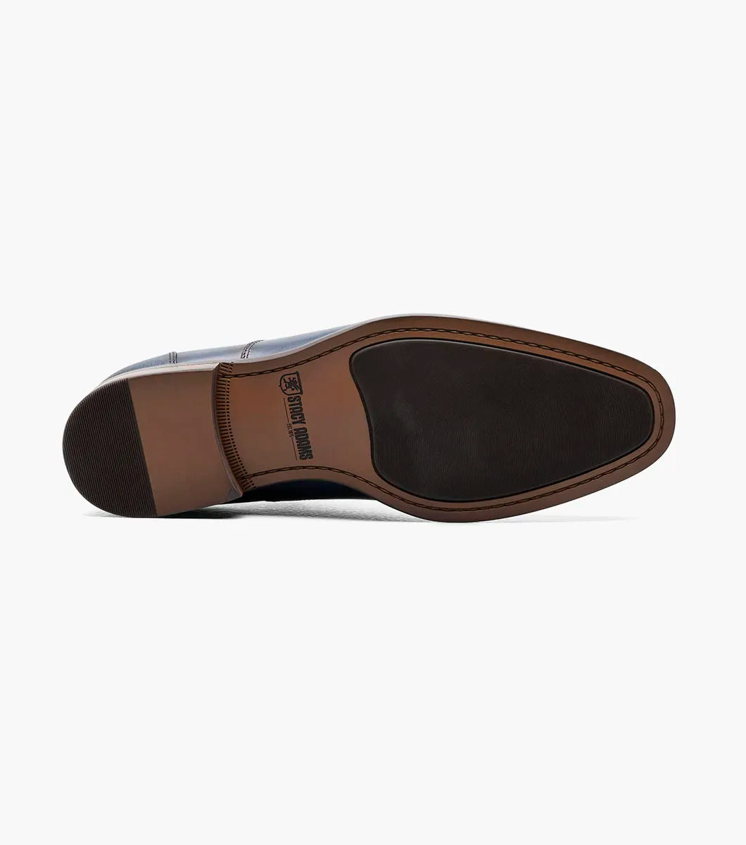 The STACY ADAMS Kallum Cap Toe Oxford (Navy, 25568-410) features a shoe insole with labeled features: molded heel cup, anatomical arch support, and cushioned heel pod—ideal for penny slip-on or suede loafer styles.