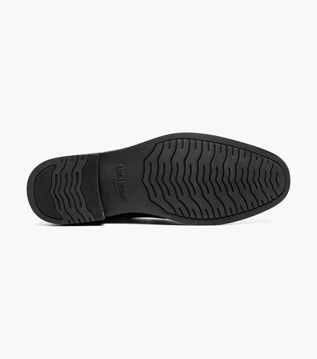 Stacy Adams Berkshire Cap Toe Side Zip Boot in black, featuring a side zipper, cap toe design, and low heel, displayed on a white background.