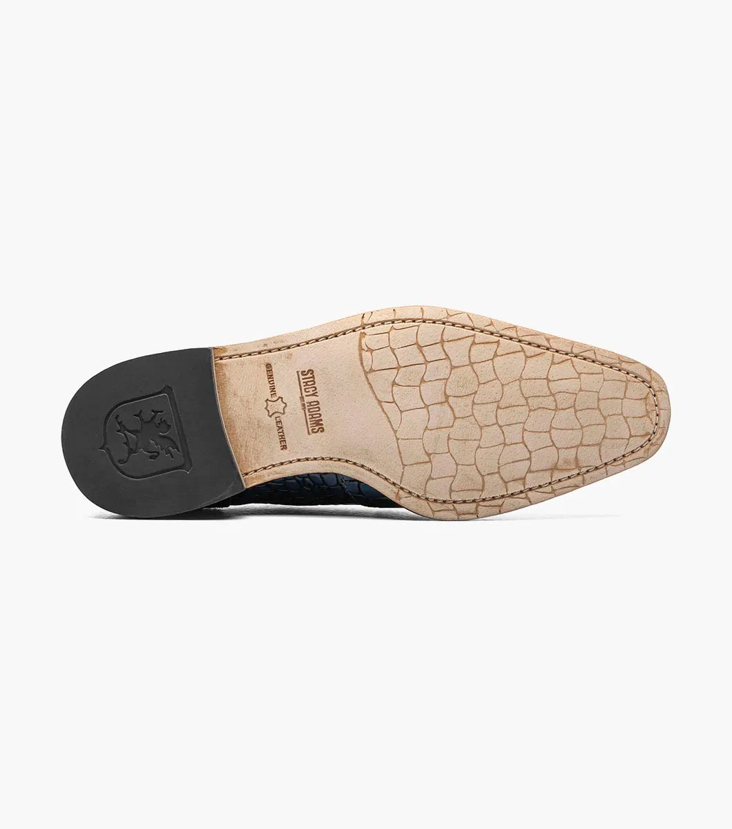 The Stacy Adams Riccardi Plain Toe Oxford (25575-400) is a single blue shoe with croco and lizard print leather, brown sole, closed lacing, and anatomical arch support, displayed on a white background.