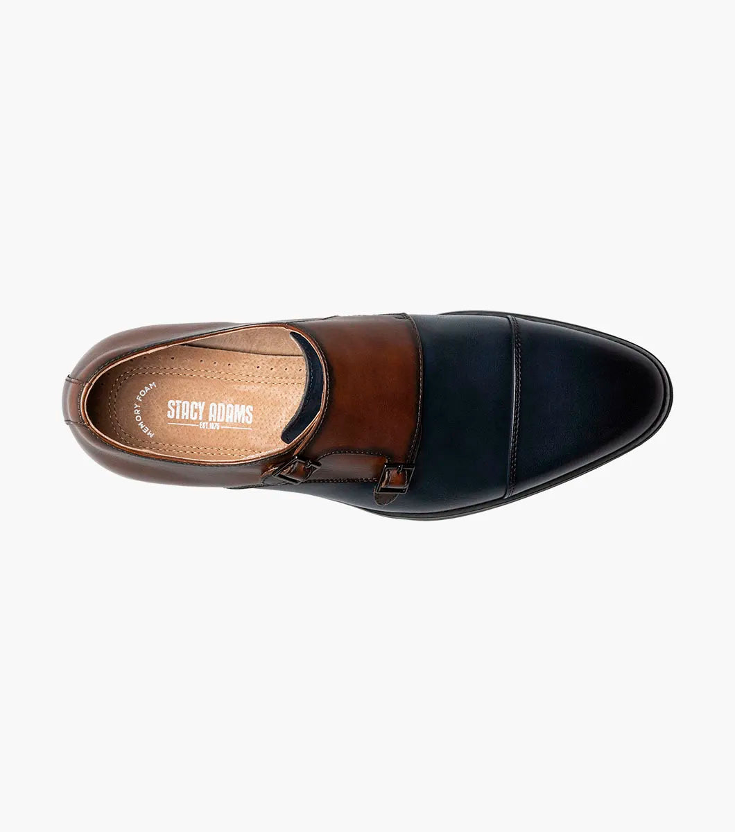The STACY ADAMS Raythorne Cap Toe Double Monk Strap (Navy/Brown, 25671-414) is a men's leather dress shoe featuring a blue and brown upper, double monk buckles, a low black heel, and a rounded toe.