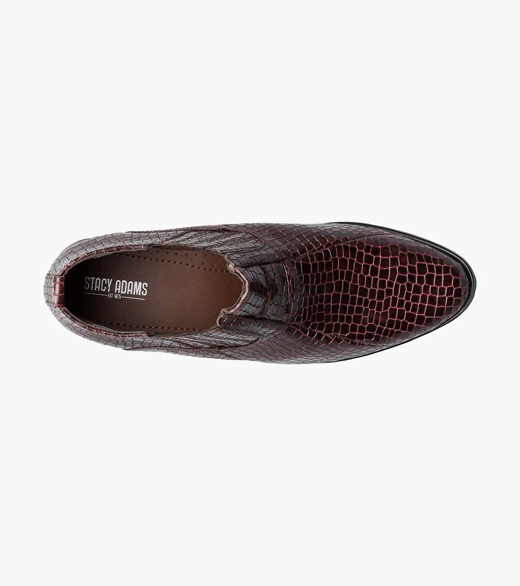 The STACY ADAMS Sandoval Cuban Heeled Boot in Burgundy (25666-601) is a single maroon ankle boot with a low Cuban heel, shiny crocodile print texture, side stretch panels, and a cushioned footbed for comfort.