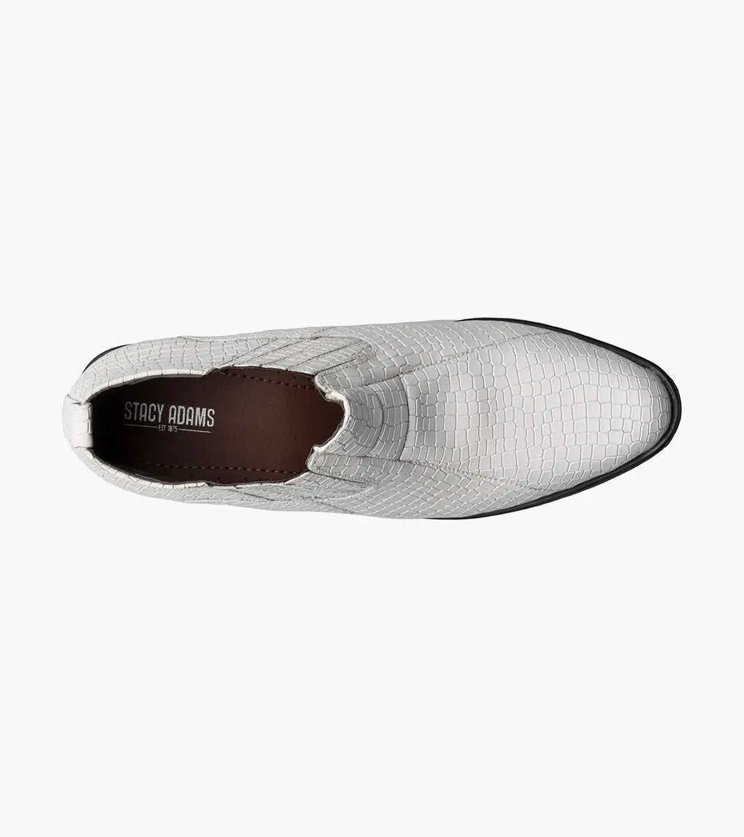 The Stacy Adams Sandoval Cuban Heeled Boot in white features textured crocodile-print leather, a low Cuban heel, pointed toe, cushioned footbed, and pull tab.