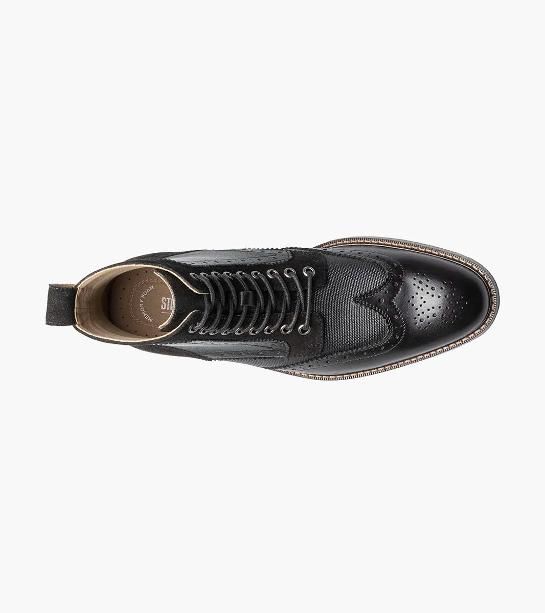 The Stacy Adams Finnegan Wingtip Lace Up Boot in Black Multi features decorative perforations, a brown sole, back pull tab, and a memory foam insole for comfort.