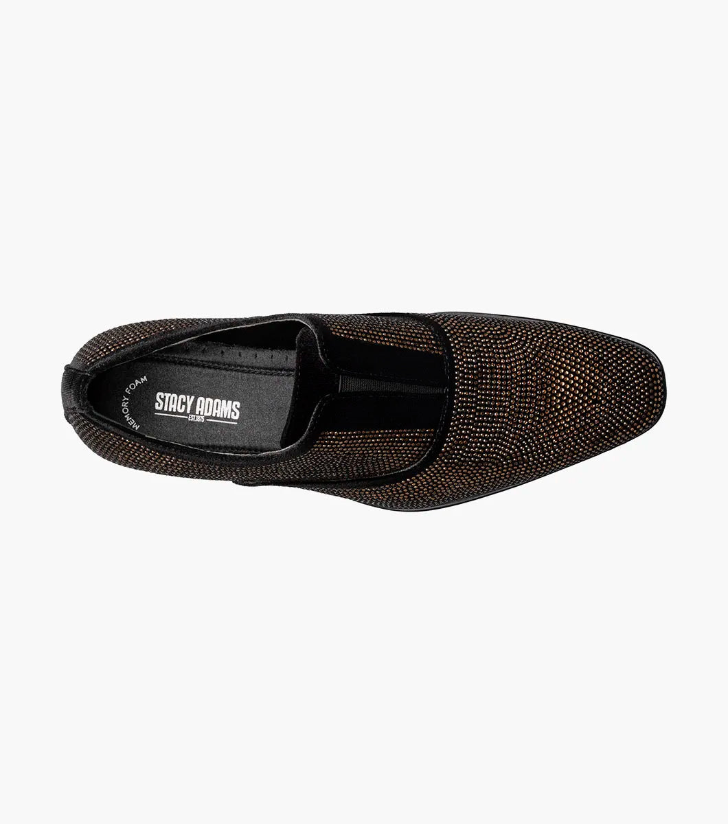 The STACY ADAMS Starleigh Rhinestone Plain Toe Slip On (25685-715) is a men's black and gold dress shoe with a low heel, featuring small gold studs on the velour textile upper.