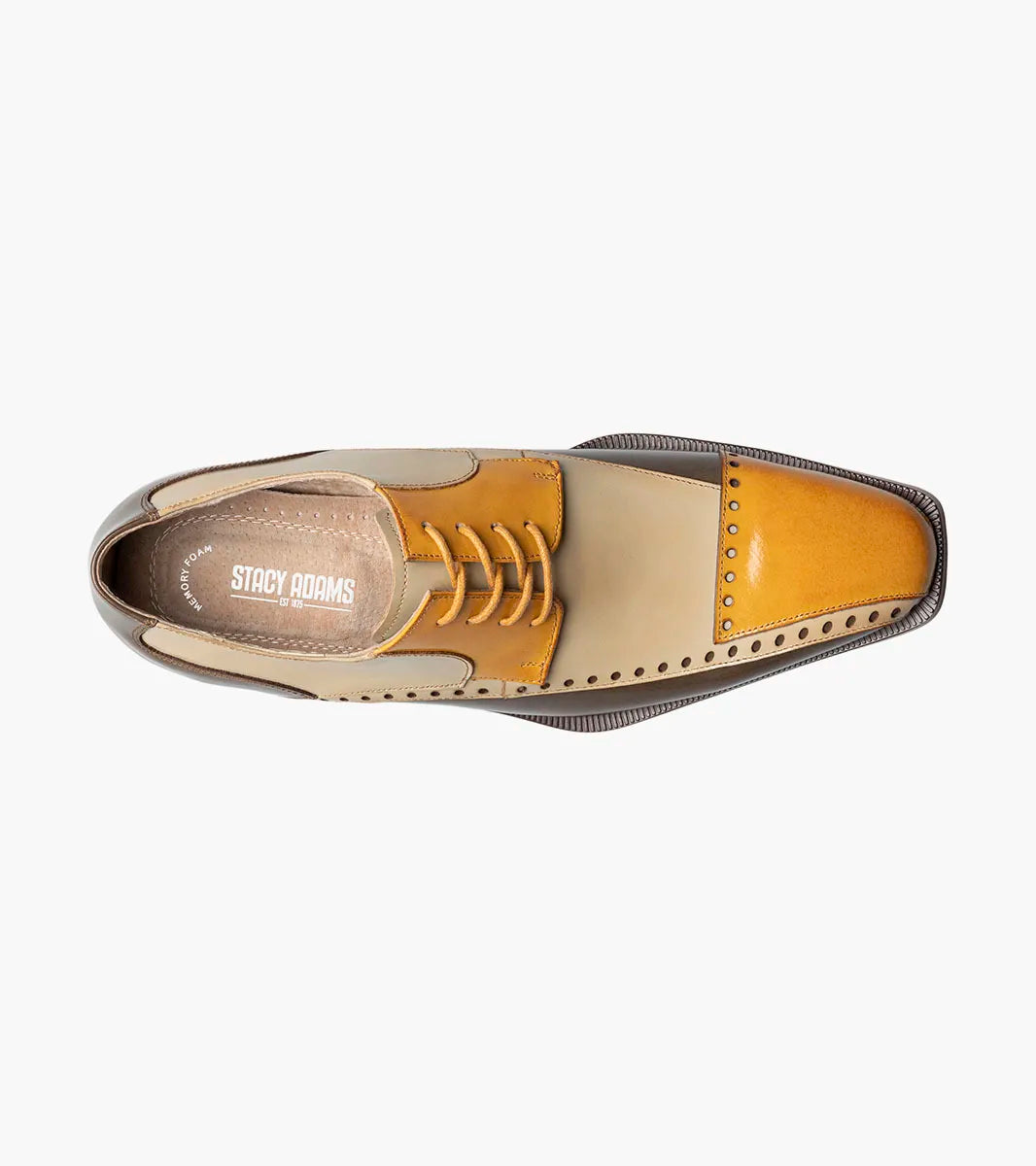 The STACY ADAMS Plaza Modified Cap Toe Oxford (25608-302) in Olive Multi features a leather upper with color-block design, brogue details, Memory Foam insole, and a low wooden heel for men's dress style and comfort.