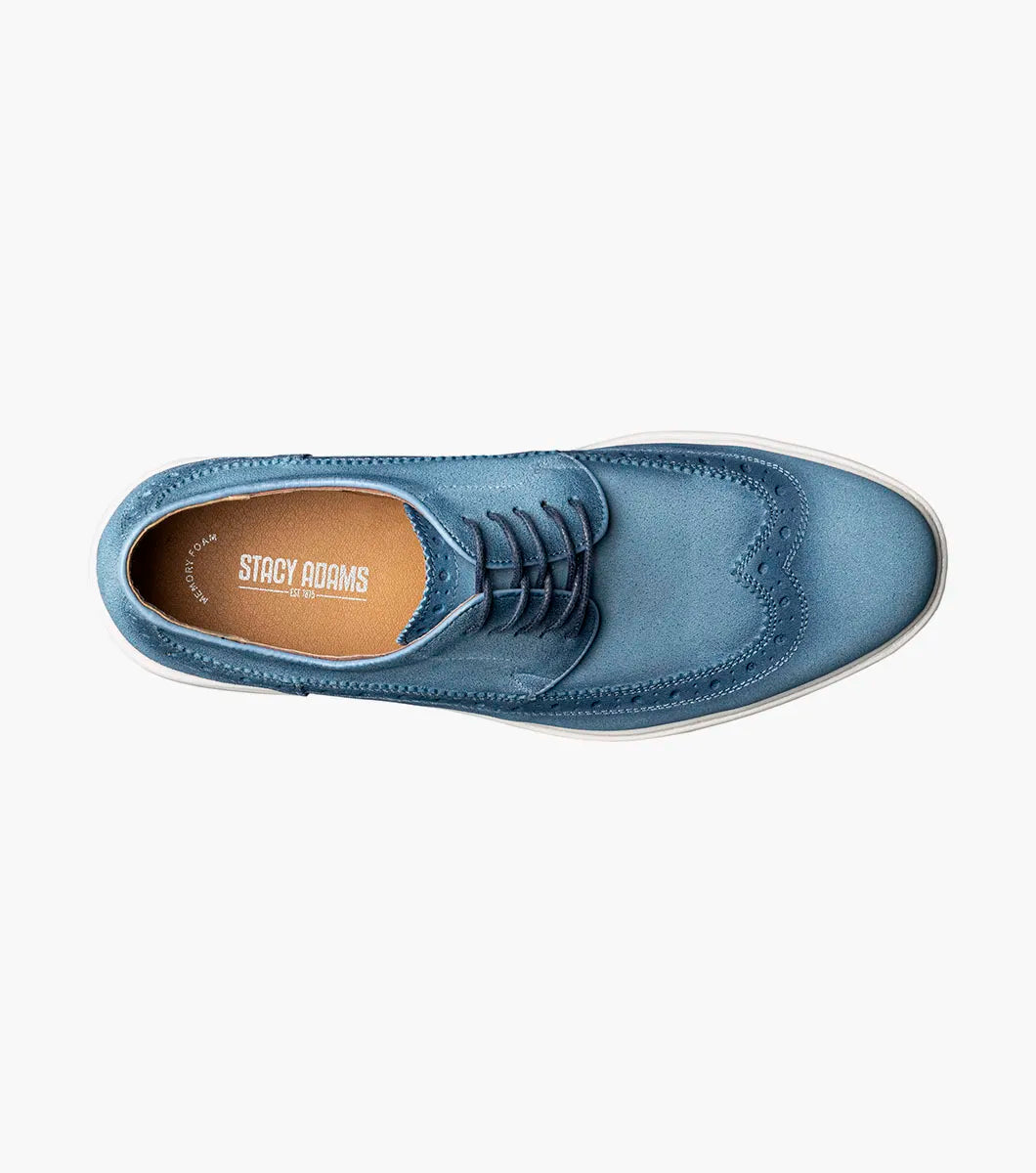 A single STACY ADAMS Trudell Wingtip Lace Up (Light Blue, 25691-459) suede oxford shoe with decorative stitching and a white rubber sole is displayed on a plain light background.