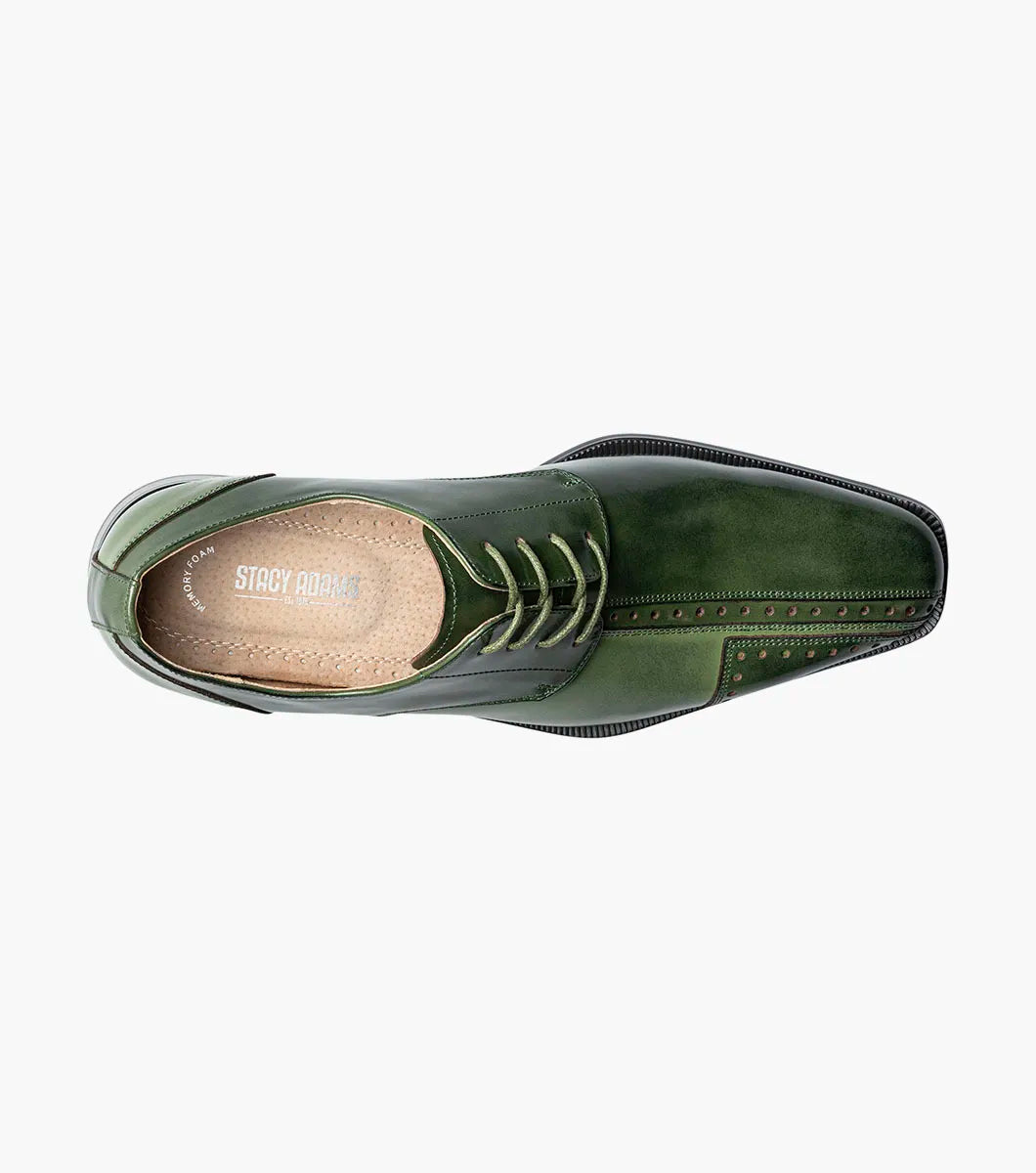 The Stacy Adams Palmento Modified Cap Toe Oxford in Green Multi (25740-340) features a leather upper, closed lacing, low black heel, decorative stitching and perforations, and is shown as a single shoe on a white background.