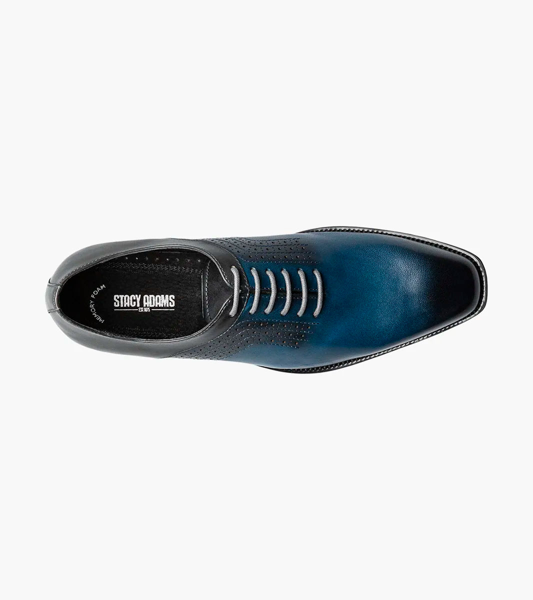 A single STACY ADAMS Halloway Plain Toe Oxford in Blue Multi (25585-419) is displayed on a white background, featuring perforated detailing, laces, and a low black heel.