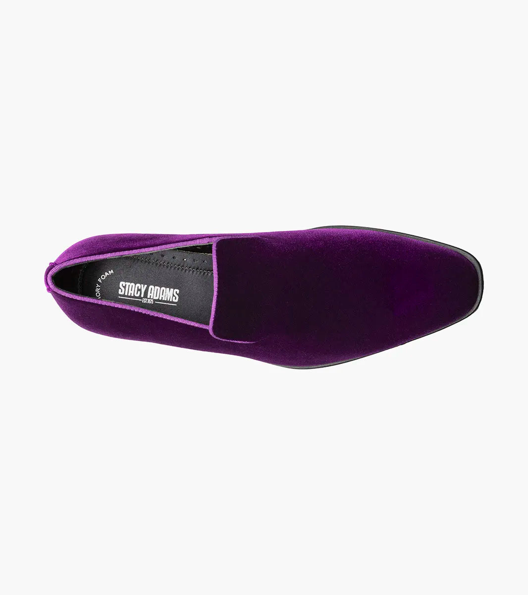 A single STACY ADAMS Savian Plain Toe Velour Slip On (Purple, 25613-542) with a low black heel and Memory Foam footbed is angled against a plain white background.