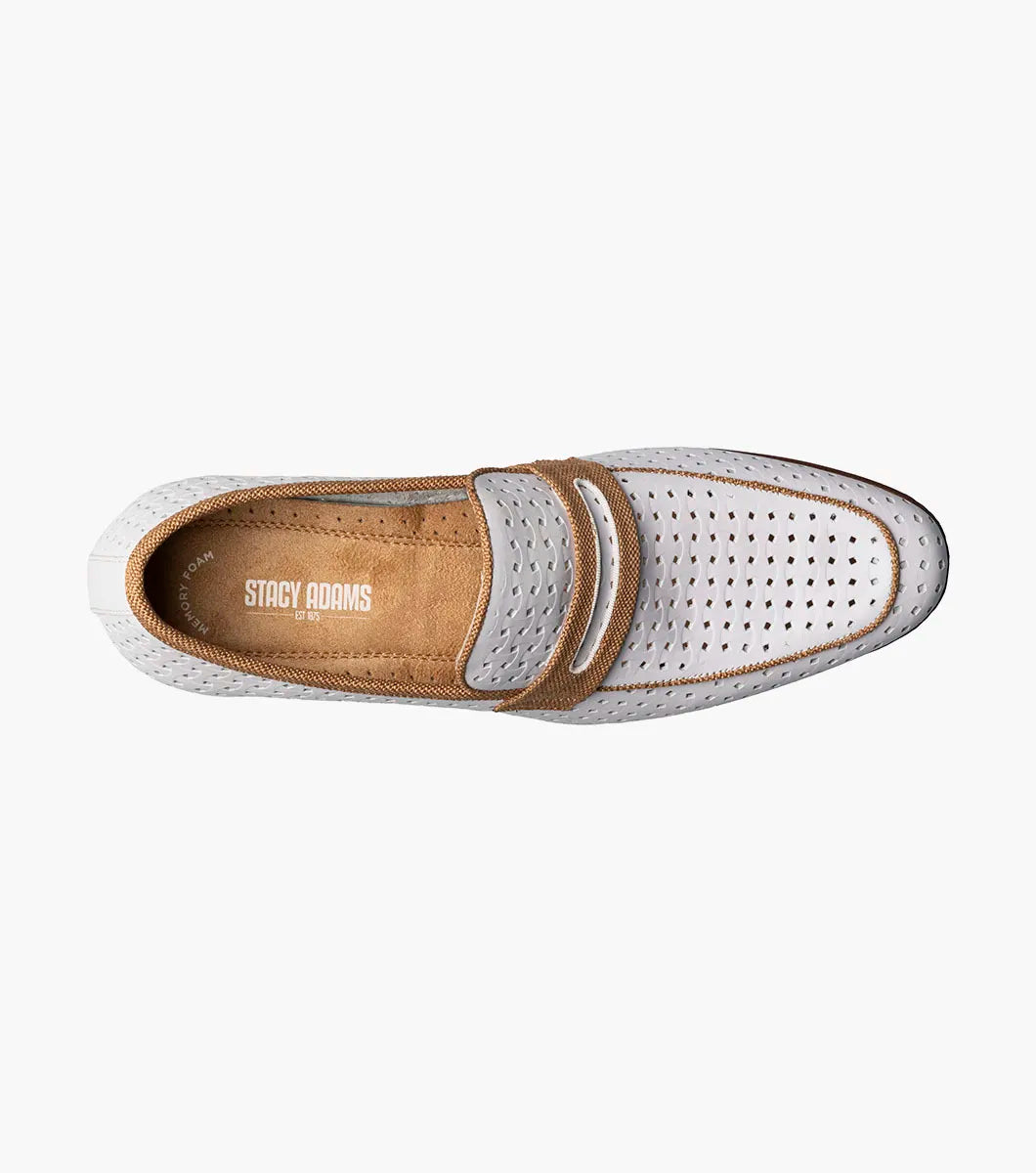 The Stacy Adams Winstead Moc Toe Saddle Slip On features a white leather upper with perforated details, light brown trim, and a low wooden heel. Shown is the STACY ADAMS style 25704-100 against a plain white background.