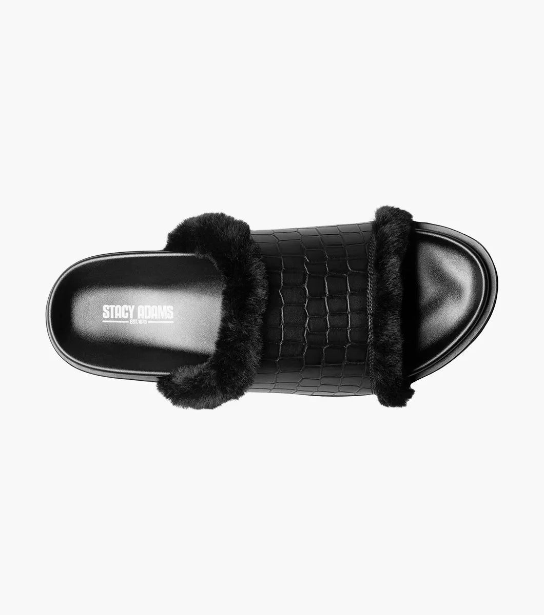 The Stacy Adams Monty Slide Sandal in black features a crocodile print faux leather upper, black faux fur trim, and an open toe on a flat sole.