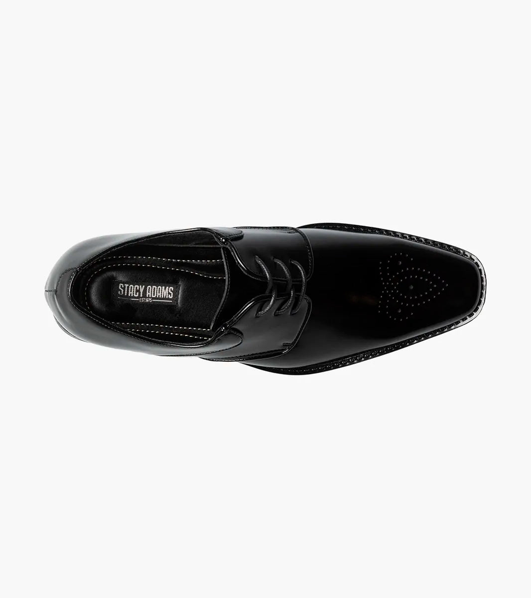 The Stacy Adams Kendall Plain Toe Oxford in black (20181-001) features leather construction, laces, a low heel, and subtle perforated toe details, shown on a plain white background.