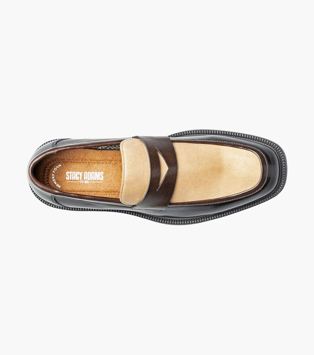 Introducing the Stacy Adams Everett Moc Toe Penny Slip On (25790-963): crafted by STACY ADAMS, this men’s dress shoe features a sophisticated design with a black sole, brown sides, and a tan upper. Accented by a classic penny strap across the top, it offers timeless style and comfort thanks to its cushioned insole—making it an ideal refined slip-on for all-day wear.