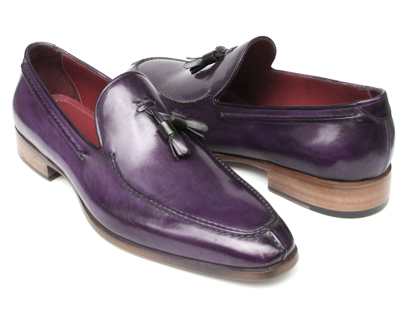 Paul Parkman Tassel Loafer Purple Hand Painted Leather 083-PURP men's slip-on shoes feature shiny purple leather, brown soles, a low heel, and classic tassels. Displayed on a white background. Brand: Paul Parkman.