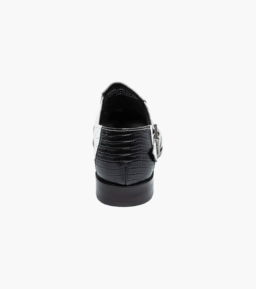 The Stacy Adams Calandro City Sandal (25695-111) features a black and white closed-toe design with cut-out sections, buckle strap, low heel, textured crocodile print leather, and a genuine leather sole.