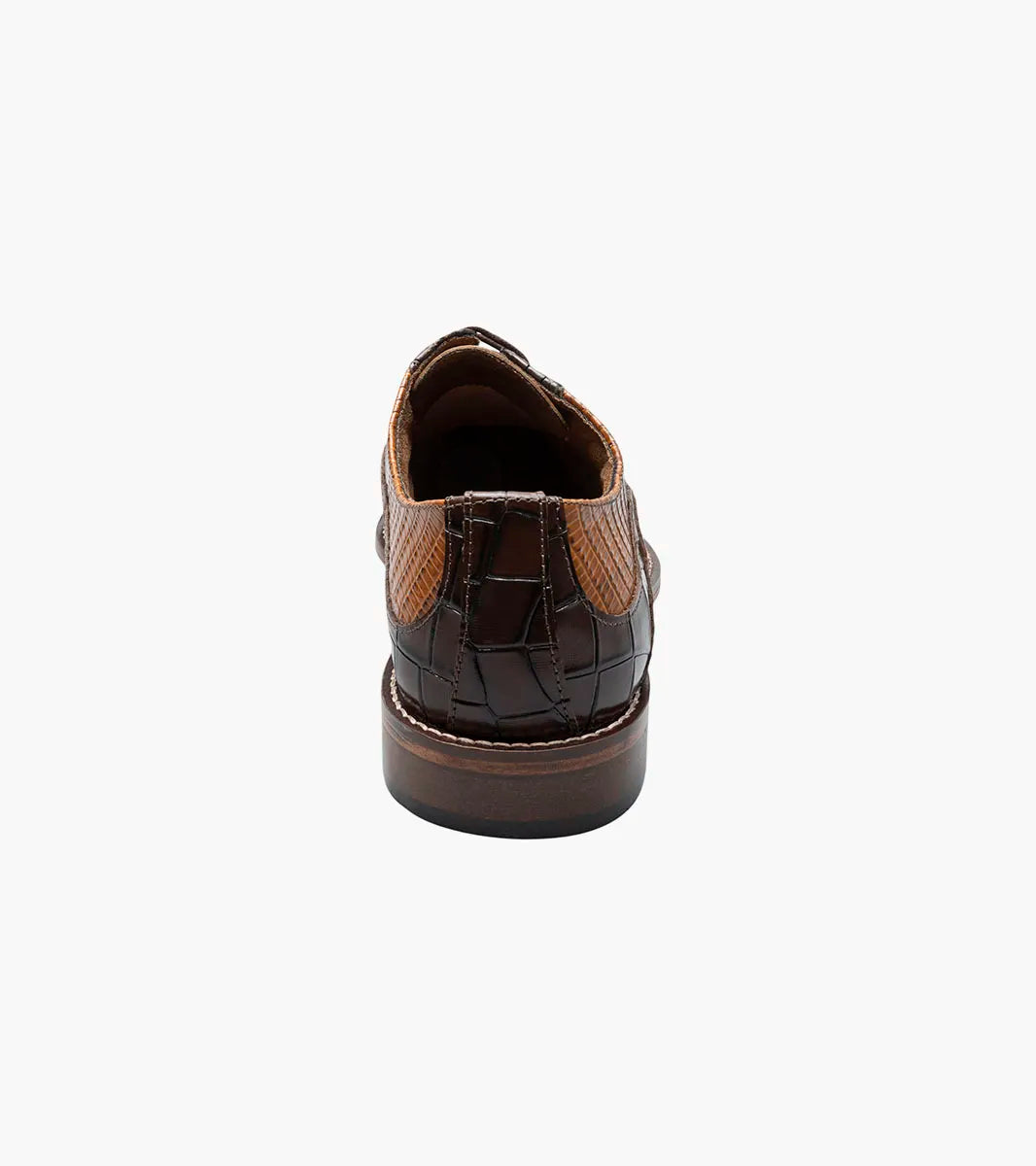 The Stacy Adams Tedesco Cap Toe Oxford in Brown Multi (25630-249) features a crocodile print pattern on the toe, sides, and vamp, set against a plain white background.