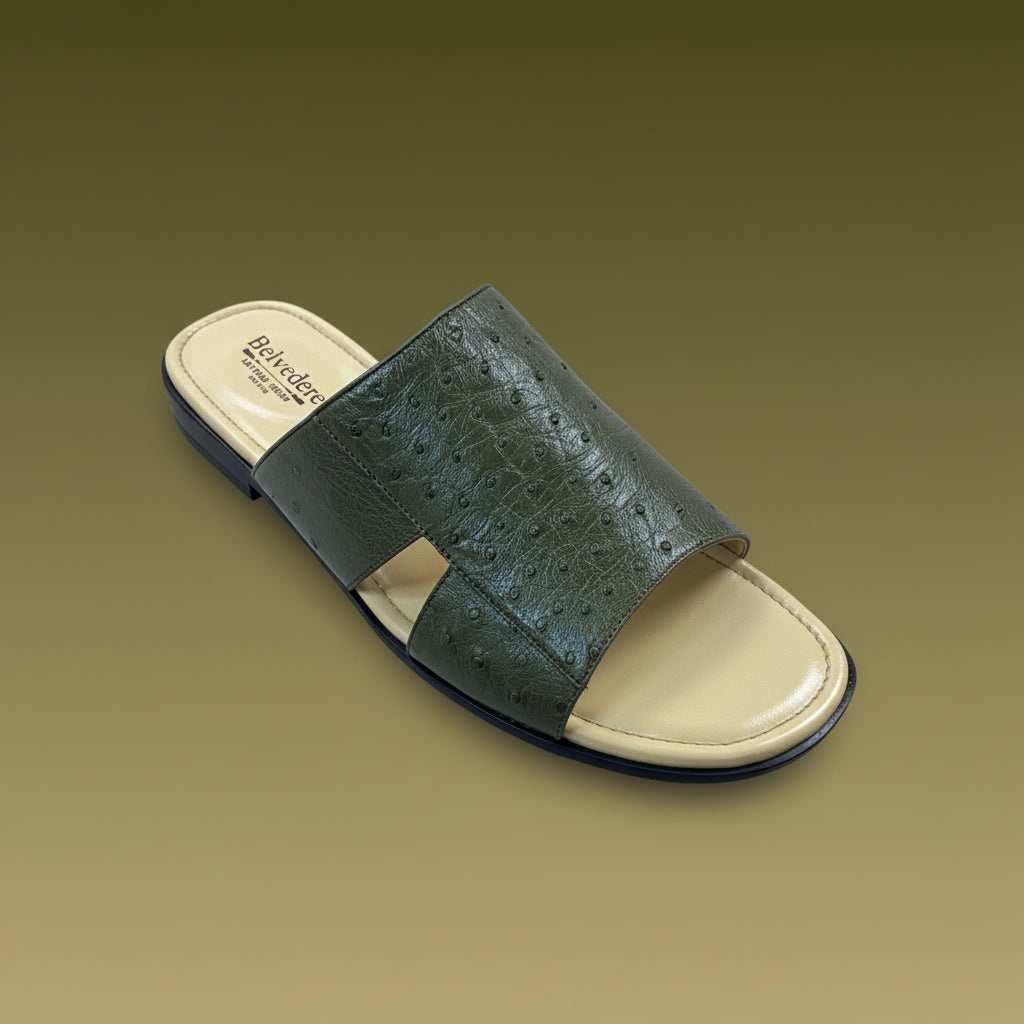 A Belvedere Shoe 3 clearance sandal in green leather, featuring an open toe, tan insole, and available only in size 9 (FINAL SALE), is displayed on a wooden surface. Please note: this item is from BELVEDERE and is final sale with no exchanges or returns.