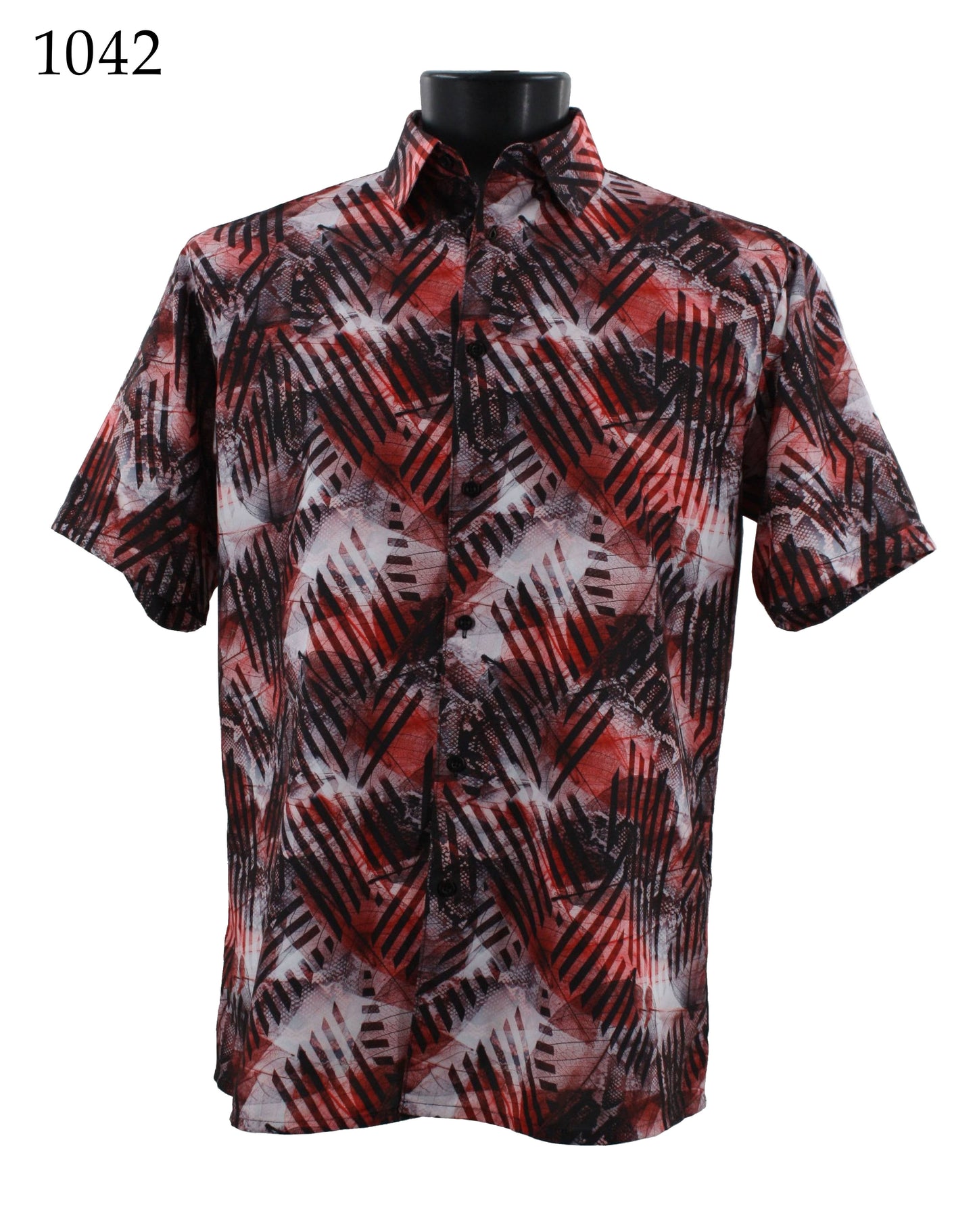 The Bassiri Short Sleeve Shirt 1042, by the brand Bassiri, features a regular fit and showcases a striking red, black, and white geometric pattern, elegantly displayed on a black mannequin stand.