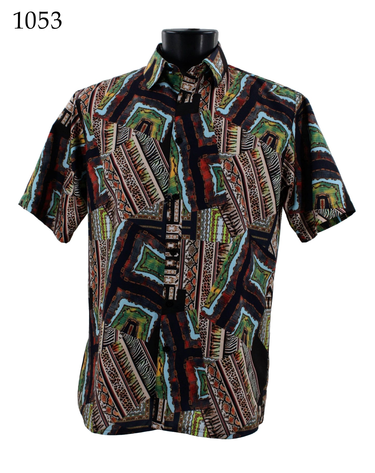 The Bassiri Short Sleeve Shirt 1053 by Bassiri features a vibrant geometric pattern on a plain background and offers a regular fit. The number "1053" is showcased in the top left corner.