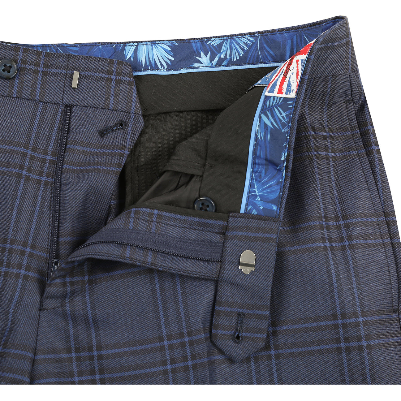 The ENGLISH LAUNDRY Grey Check Suit 12-53-093EL by English Laundry is a men's slim fit grey plaid blazer with two buttons, notched lapels, flap pockets, and a blue tropical-patterned inner lining.