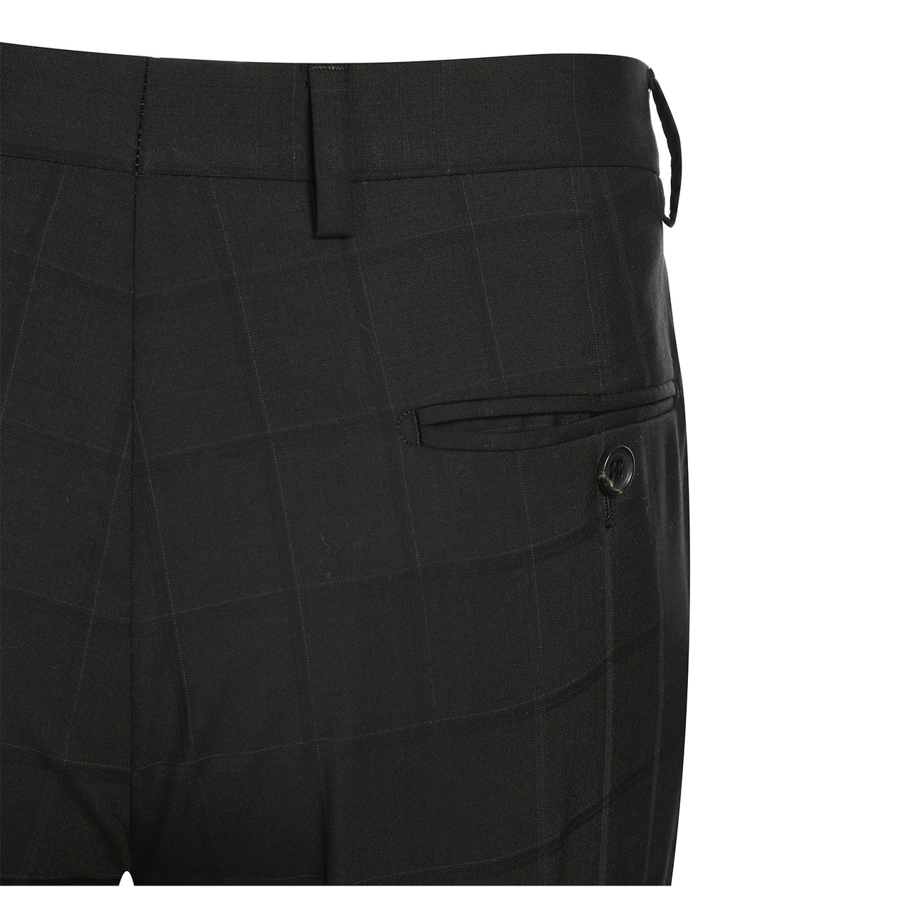 The Renoir Alessandro Vitello New Slim Fit Wool Black Suit 566-15 features a modern black checkered design, displayed on a mannequin with a white dress shirt and purple tie, blending classic style with contemporary fit.