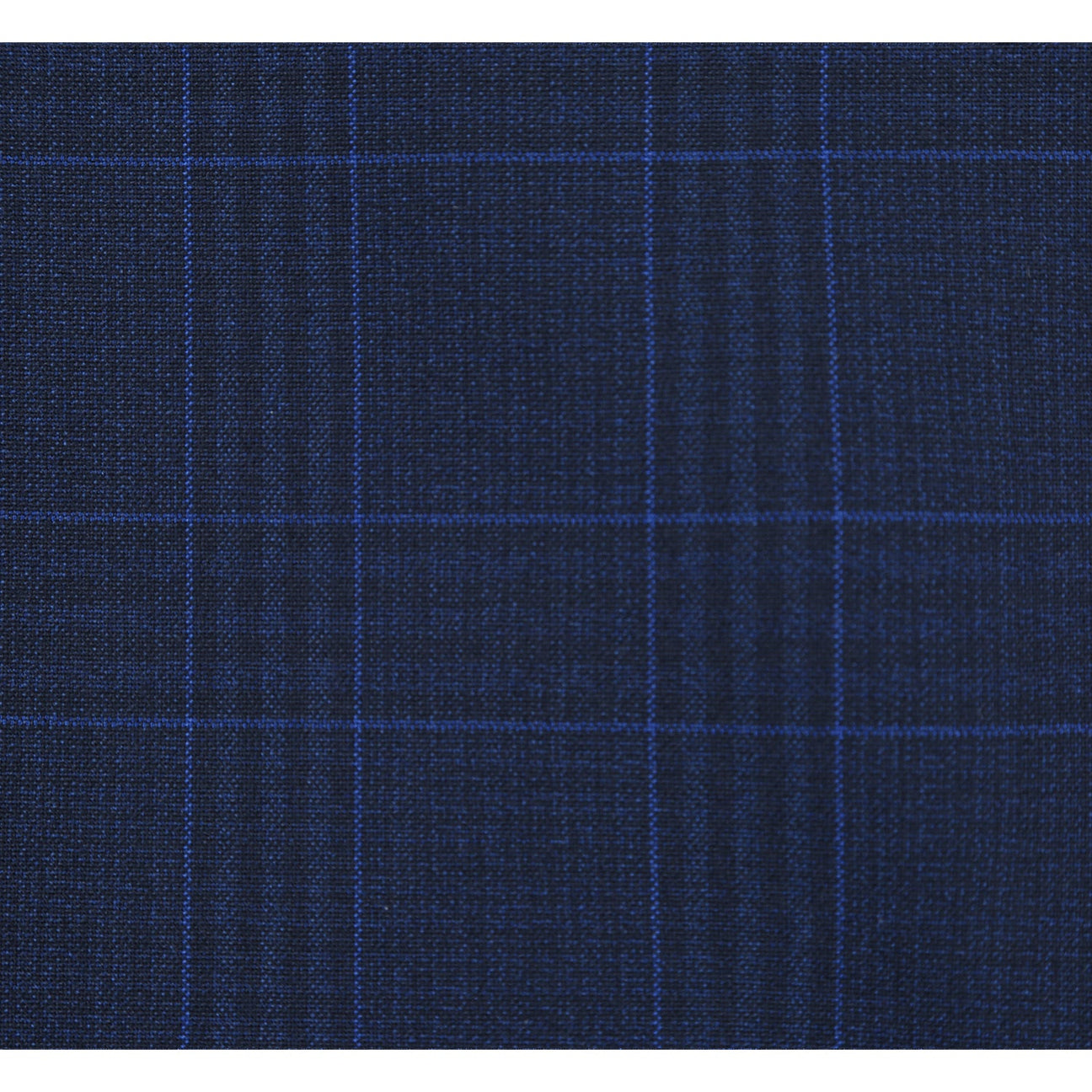 The Alessandro Vitello by Renoir Classic Fit Checked Suit in Marine Blue, styled on a mannequin with a white dress shirt and blue striped tie.