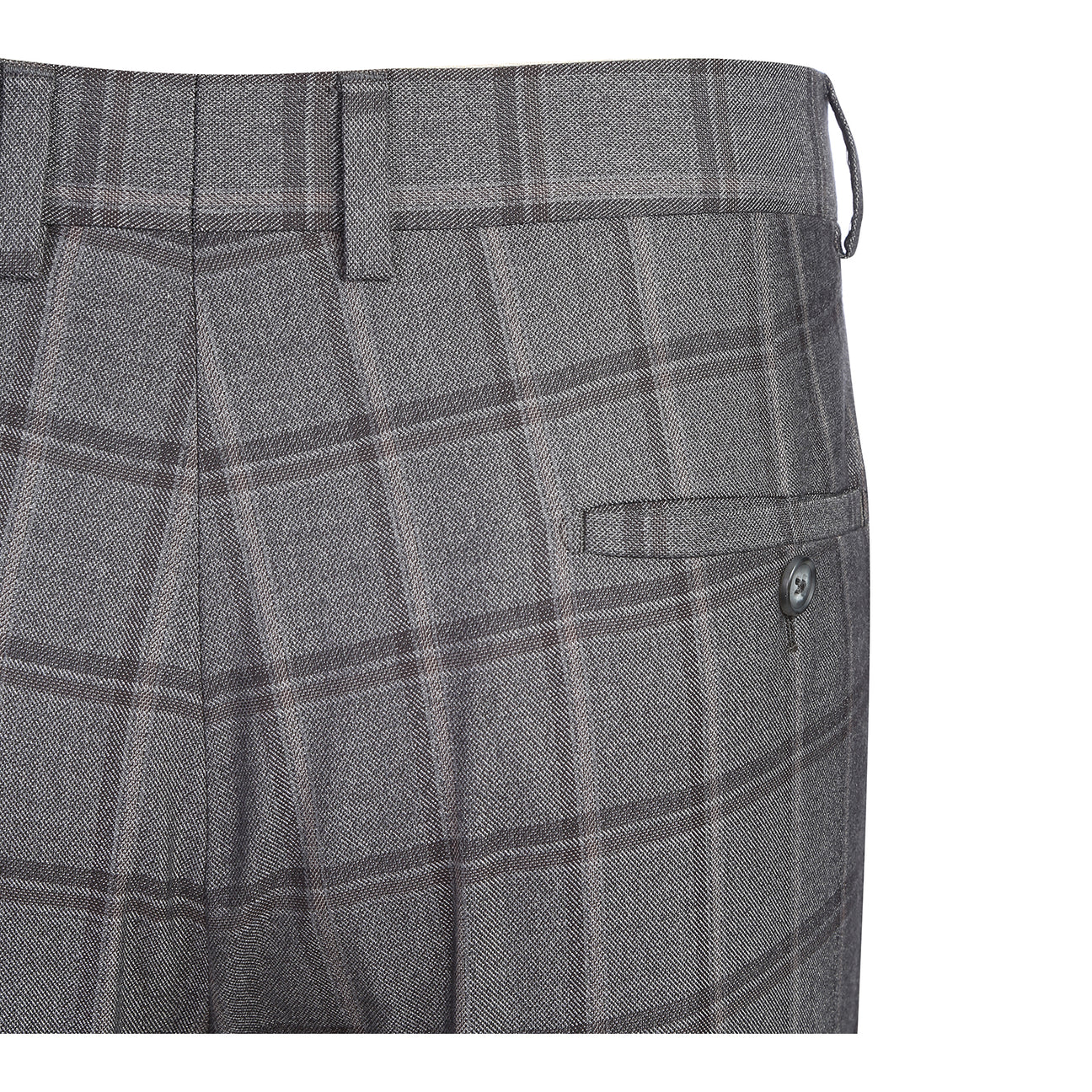 The English Laundry Double-breasted Gray Check Suit 22-50-092EL features peak lapels, matching buttons, and flap pockets, styled with a white dress shirt and red patterned tie for timeless men's formalwear.