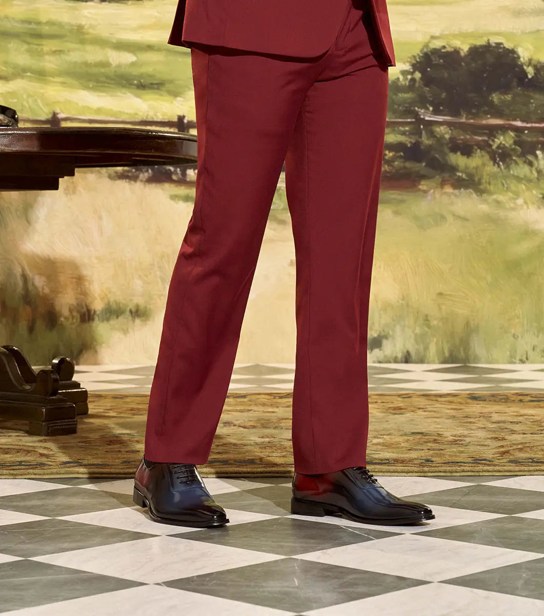 The STACY ADAMS Shaffer Plain Toe Oxford (Navy Multi, 25763-492) features premium calf leather with a gradient from deep red heel to blue toe, dark laces, and a black sole.