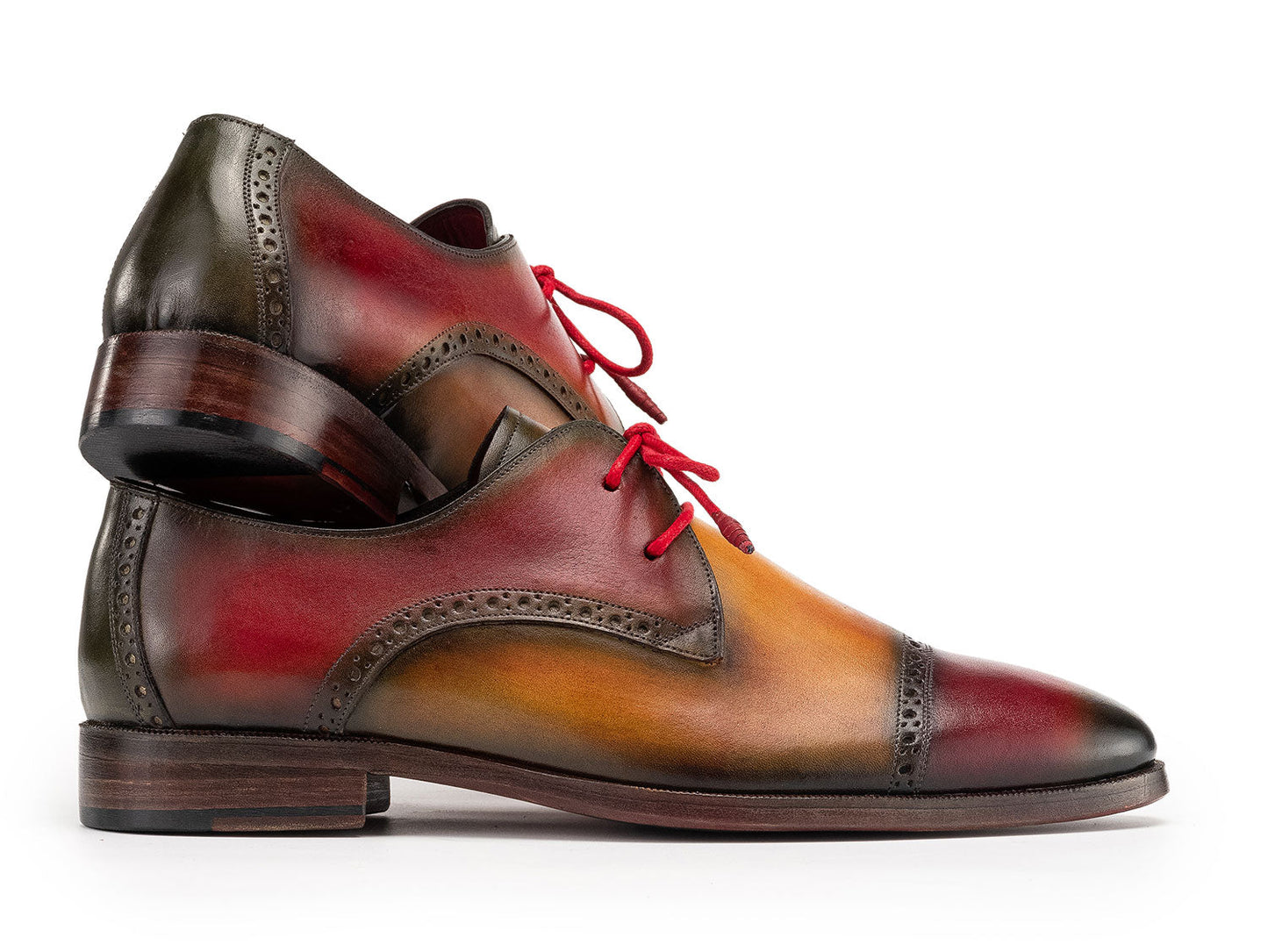 Paul Parkman Multicolored Cap Toe Derby Shoes (1247-MLT): hand-painted brown and burgundy leather men's derbies with decorative perforations and bright red laces by Paul Parkman, shown on a white background.