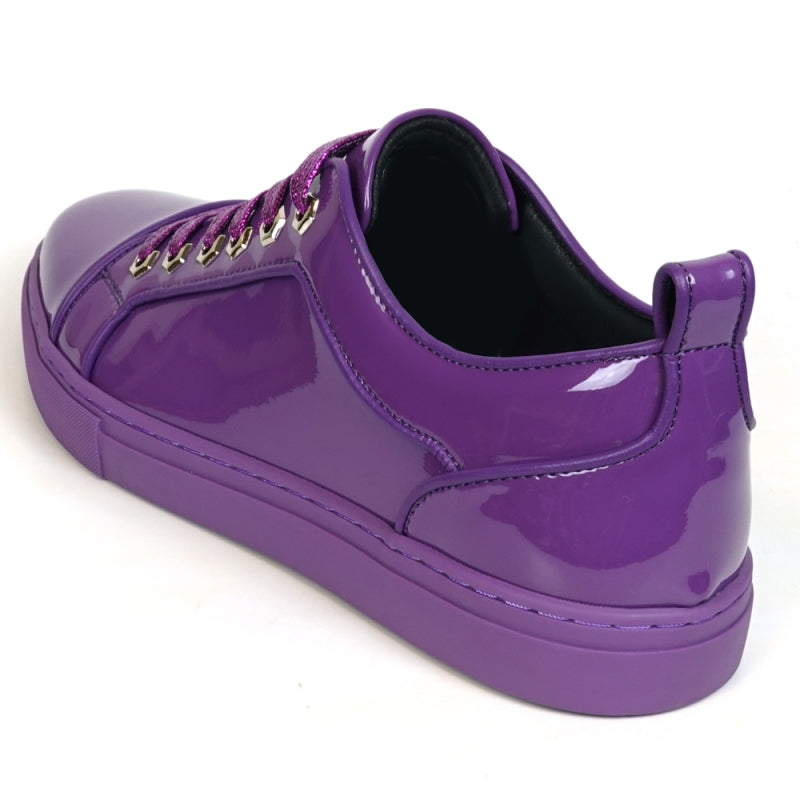 Close-up of Fiesso's FI-2415-2 Purple Patent Lace up Low Cut Leather Sneaker, featuring glossy patent leather, glittery laces, and metal eyelets for comfortable men's casual wear.