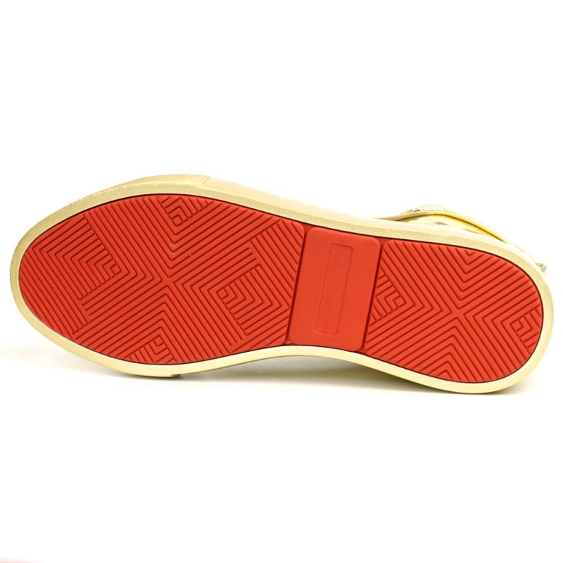 The Fiesso FI-2416-2 Gold Patent Leather High Top Sneaker for men features shiny gold patent leather, gold laces, and a light rubber sole, stylishly displayed from a side view.