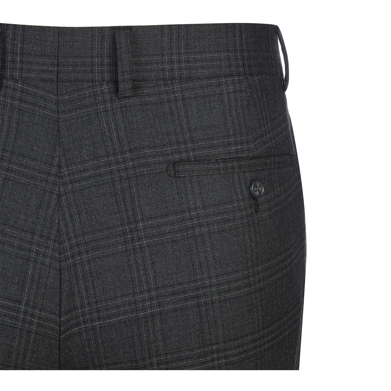 The ENGLISH LAUNDRY Dark Gray Check Suit EL12-58-095 by English Laundry is shown on a mannequin, styled with a white dress shirt and striped tie for a timeless men's suit ensemble.