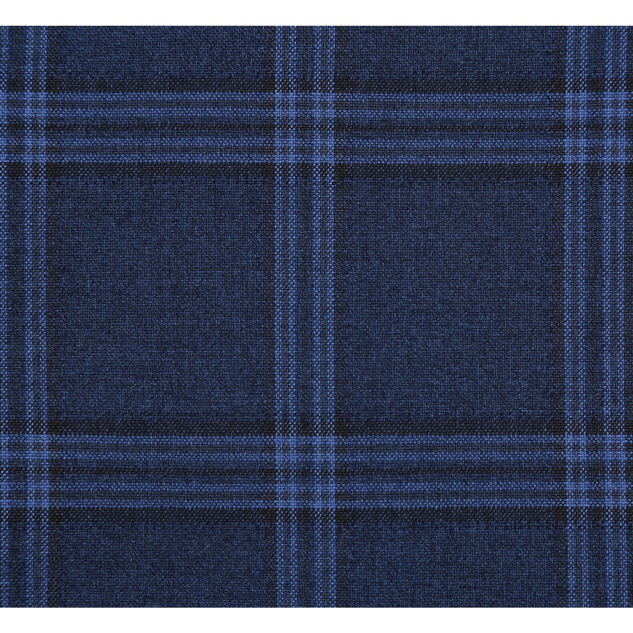 The Alessandro Vitello by Renoir Slim Fit Suit 293-22 features a navy plaid blazer on a mannequin with a white dress shirt, a burgundy polka dot tie, and flat front pants, complete with a notch lapel for sophistication.