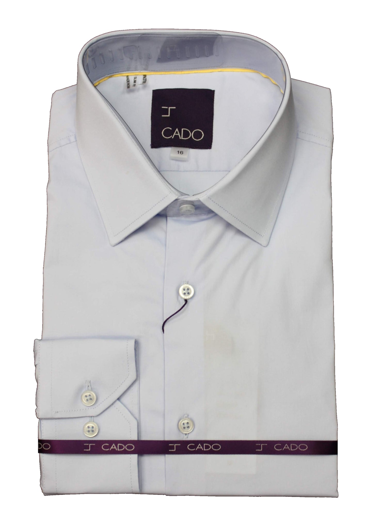 A folded Cado Long Sleeve Blue Shirt 132 S, featuring a pointed collar and buttoned cuffs, with the Cado brand tag on top and secured with branded tape. Made from cotton for a modern, comfortable fit.