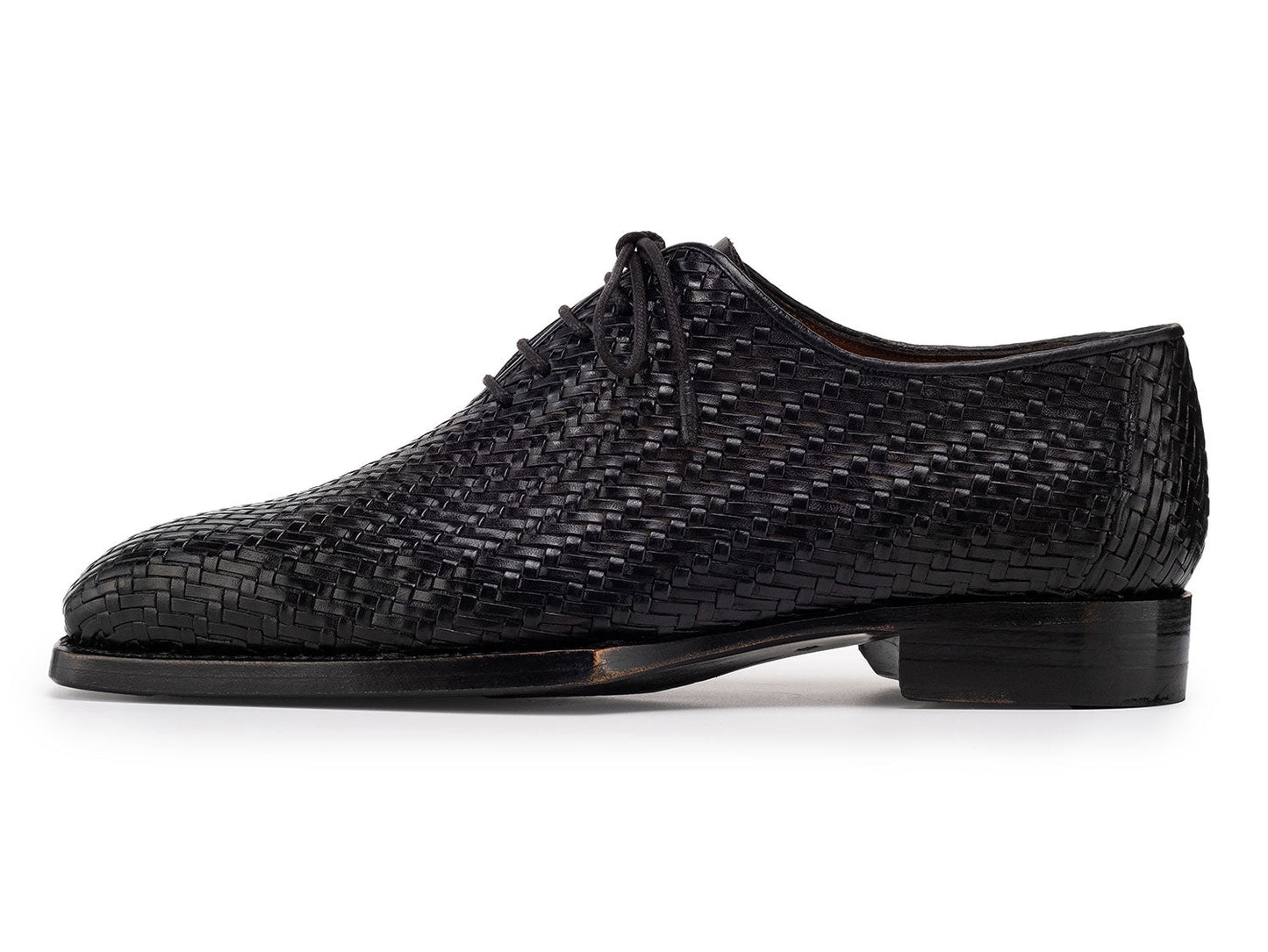 Paul Parkman Black Woven Leather Hand-Welted Oxford Shoes (144WN72) for men—shown from the side and top views, featuring laces and visible Paul Parkman branding inside.