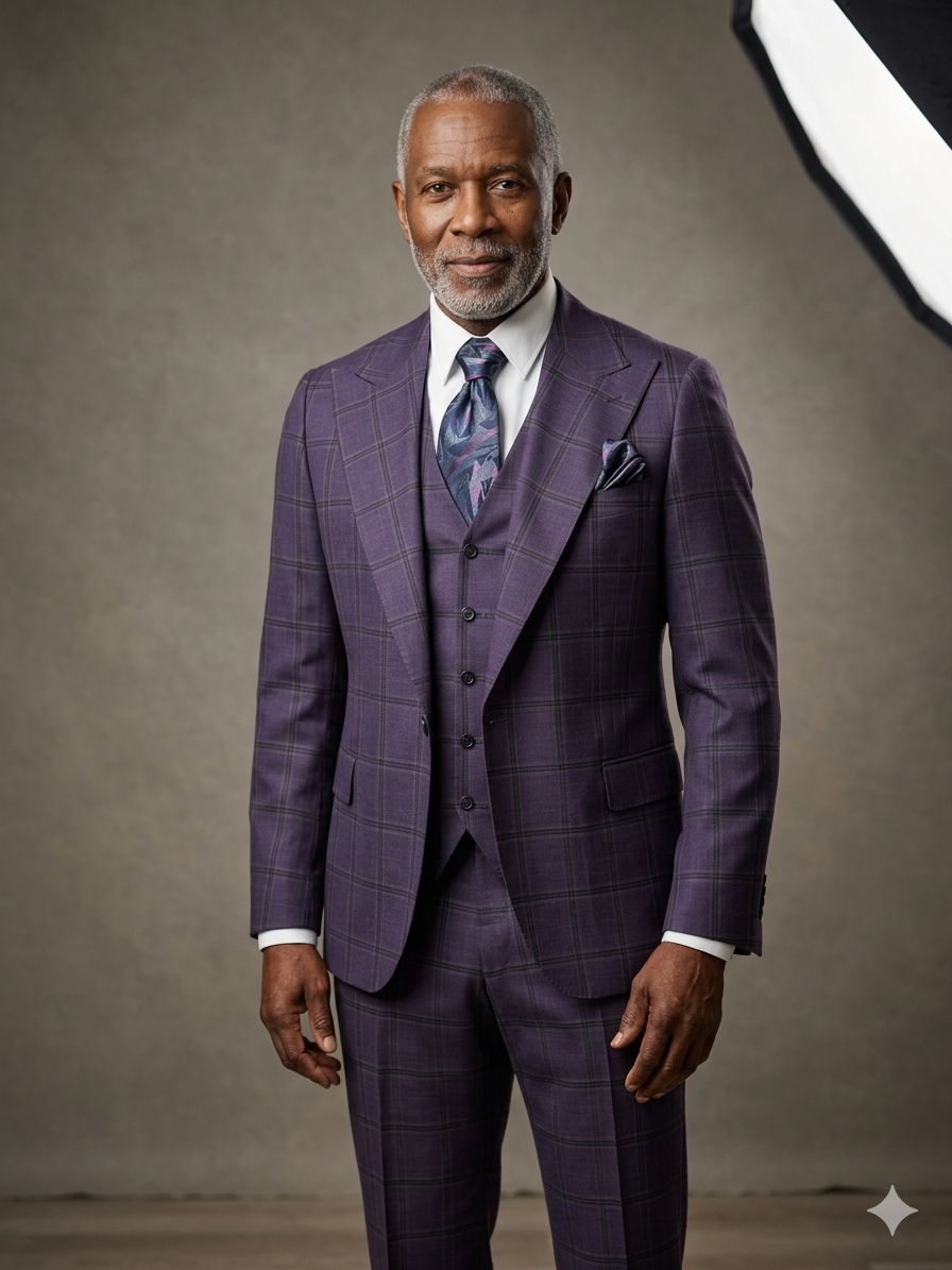 A man with gray hair and a beard stands wearing the Tiglio Rosso Bardolino Purple/Grey Plaid Semi Wide Leg three-piece suit (TL26328), paired with a vest, patterned tie, and pocket square, in front of a studio backdrop with visible lighting.
