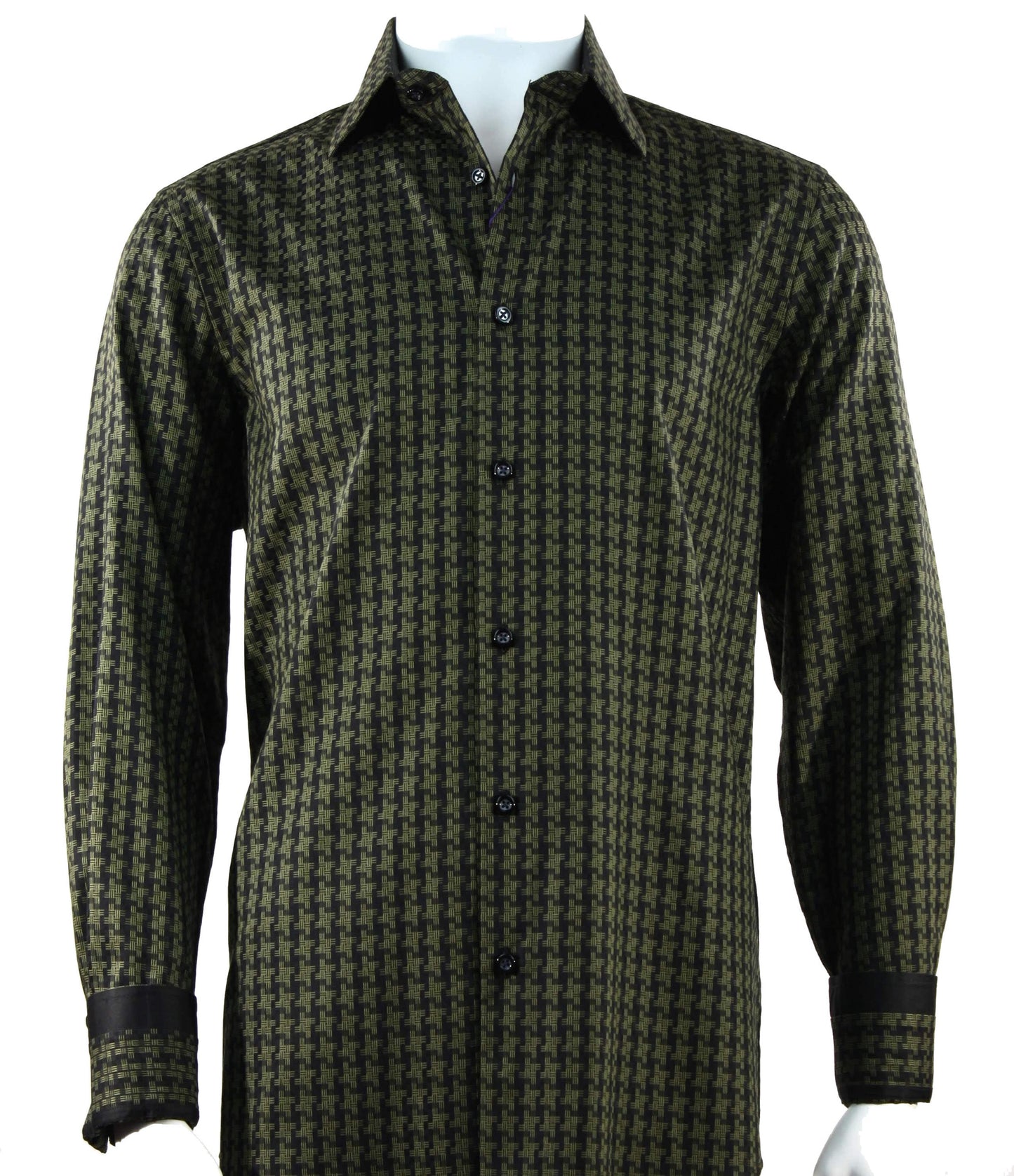 The mannequin displays the Cado Long Sleeve Olive Shirt 157, a modern-fit button-up crafted from soft cotton in a green and black houndstooth pattern.