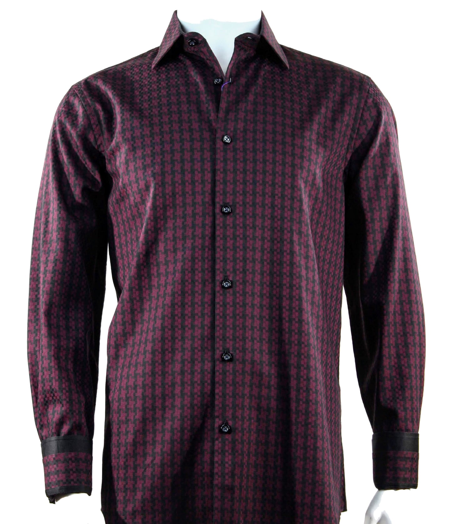 A mannequin wearing the Cado Long Sleeve Red Shirt 157, a modern fit long-sleeve button-up featuring a dark red and black pattern, crafted from soft cotton.