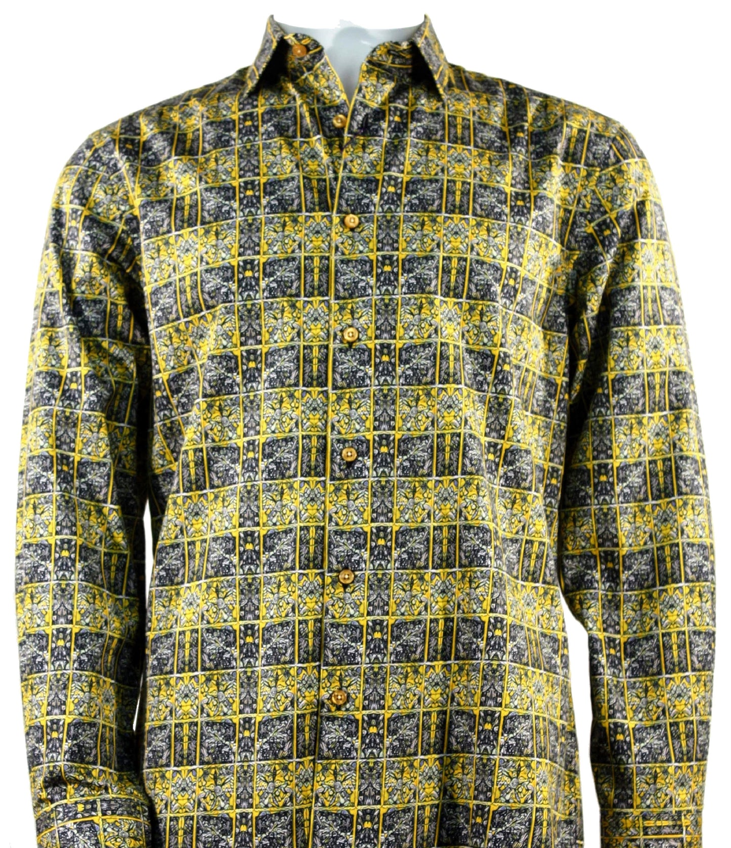 The Cado Long Sleeve Yellow Shirt 162 is a modern fit, crafted from cotton, featuring a stylish yellow and black grid pattern and elegantly showcased on a mannequin.