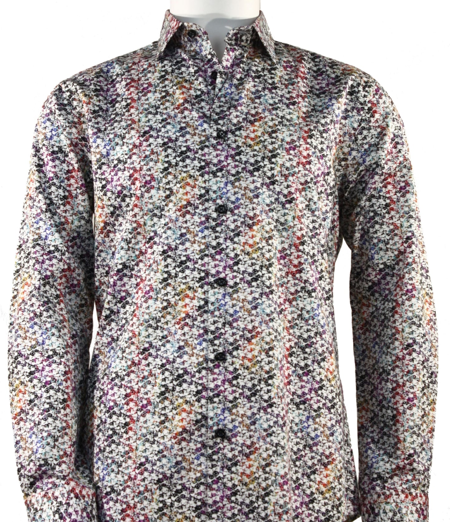 The Cado Long Sleeve Red Shirt 163 by Cado offers a modern fit with a multicolored abstract pattern spread across its cotton fabric.