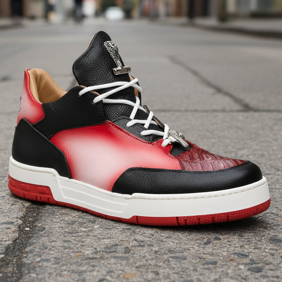 A Mauri 8423 high-top sneaker in red, black, and white (size 9.5 only), featuring white laces and metallic accents, is custom made in Italy and shown on city street pavement.