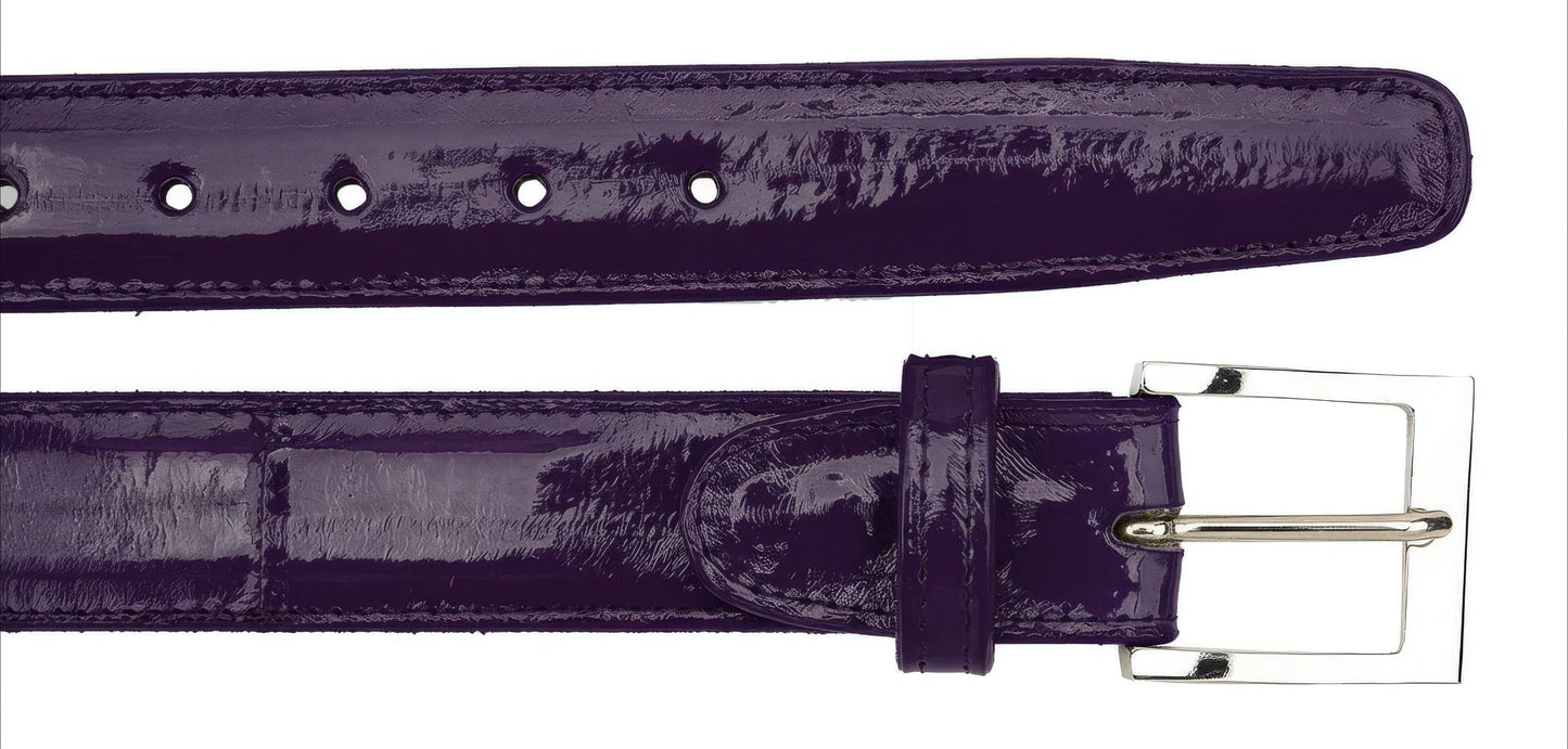 The BELVEDERE Belvedere Eel Belt Purple 2002 features shiny dark purple eel leather and a silver rectangular buckle, shown flat and buckled on a white background. Adjustable and available in size 44.