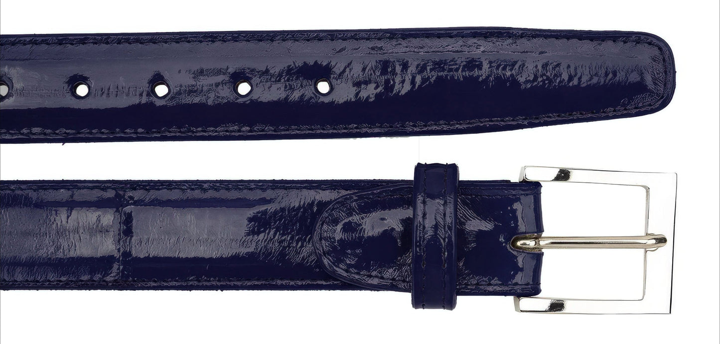 The BELVEDERE Belvedere Eel Belt Navy 2002 features shiny navy blue eel leather, a silver rectangular buckle, and an adjustable fit in size 44, shown fully extended and partially rolled on a white background.