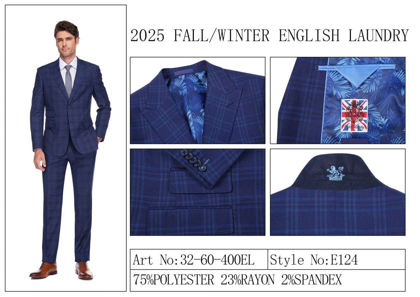 The English Laundry 2pc Suit Blue 32-60-400EL is a men's slim fit navy plaid blazer featuring a notched lapel, two-button closure, and blue patterned lining.