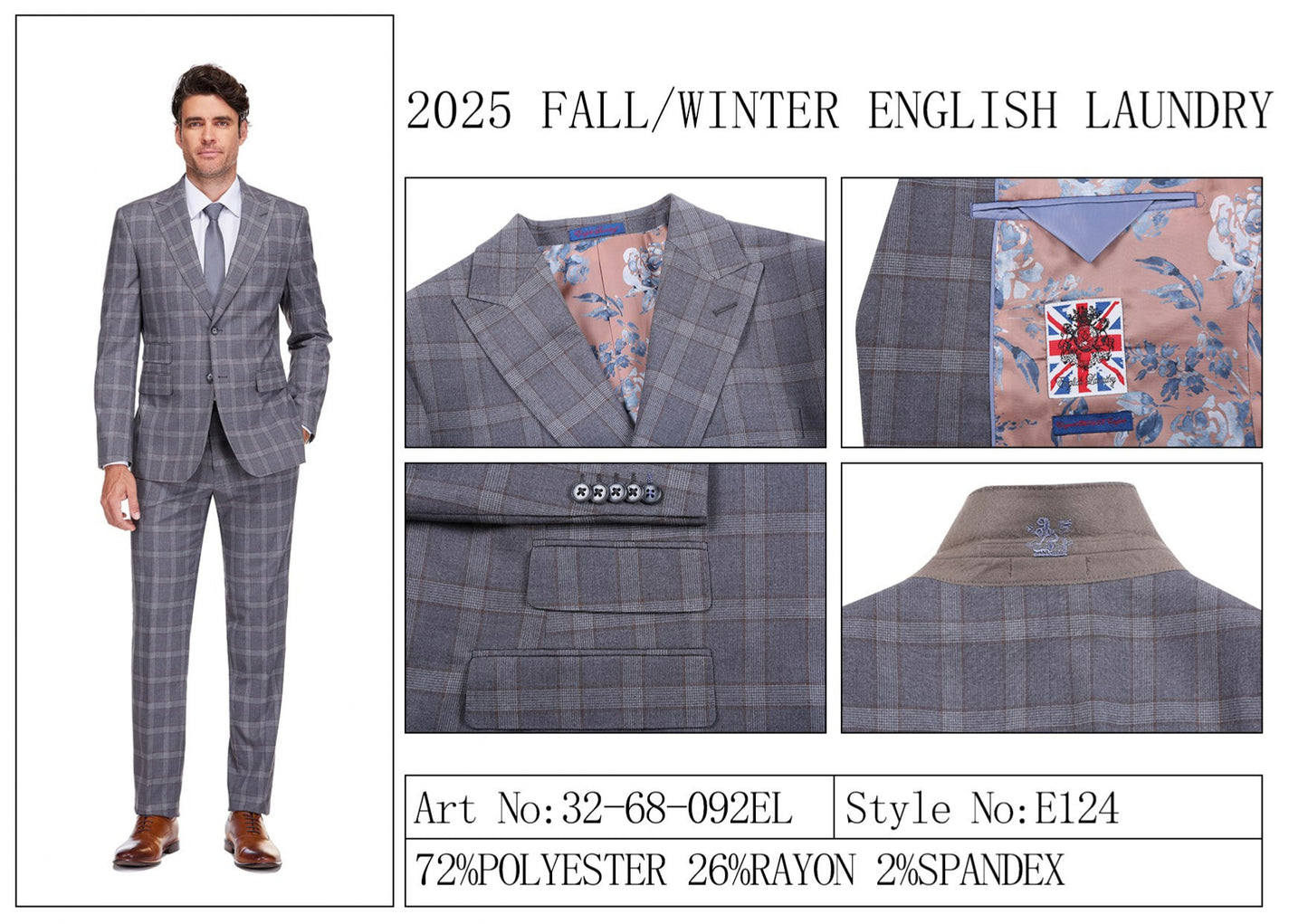 The ENGLISH LAUNDRY 2pc Suit Brown 32-68-092EL by English Laundry features a slim fit, two-button closure, notched lapels, and a partially visible floral patterned inner lining.