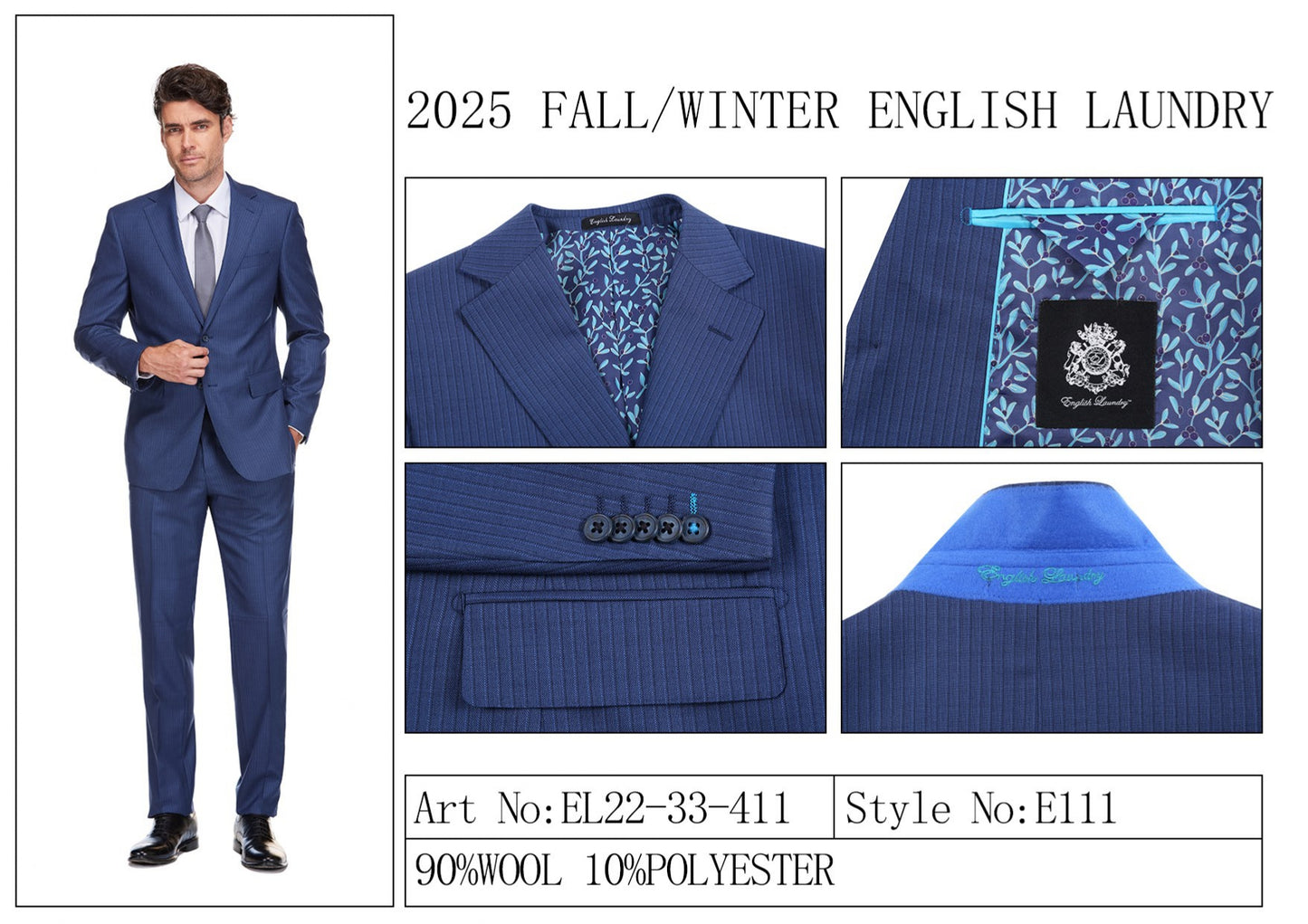 The English Laundry ENGLISH LAUNDRY 2pc Wool Suit Navy EL22-33-411 is a slim fit men's two-button jacket with blue pinstripes, side pockets, and a patterned inner lining, shown on a white background.